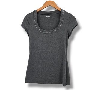 Express Sexy Stretch Charcoal Gray Embellished Scoop Neck T Shirt Y2k Smallize S